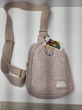 Super Mario Pink Tweed Crossbody Bag with Princess Peach Charm